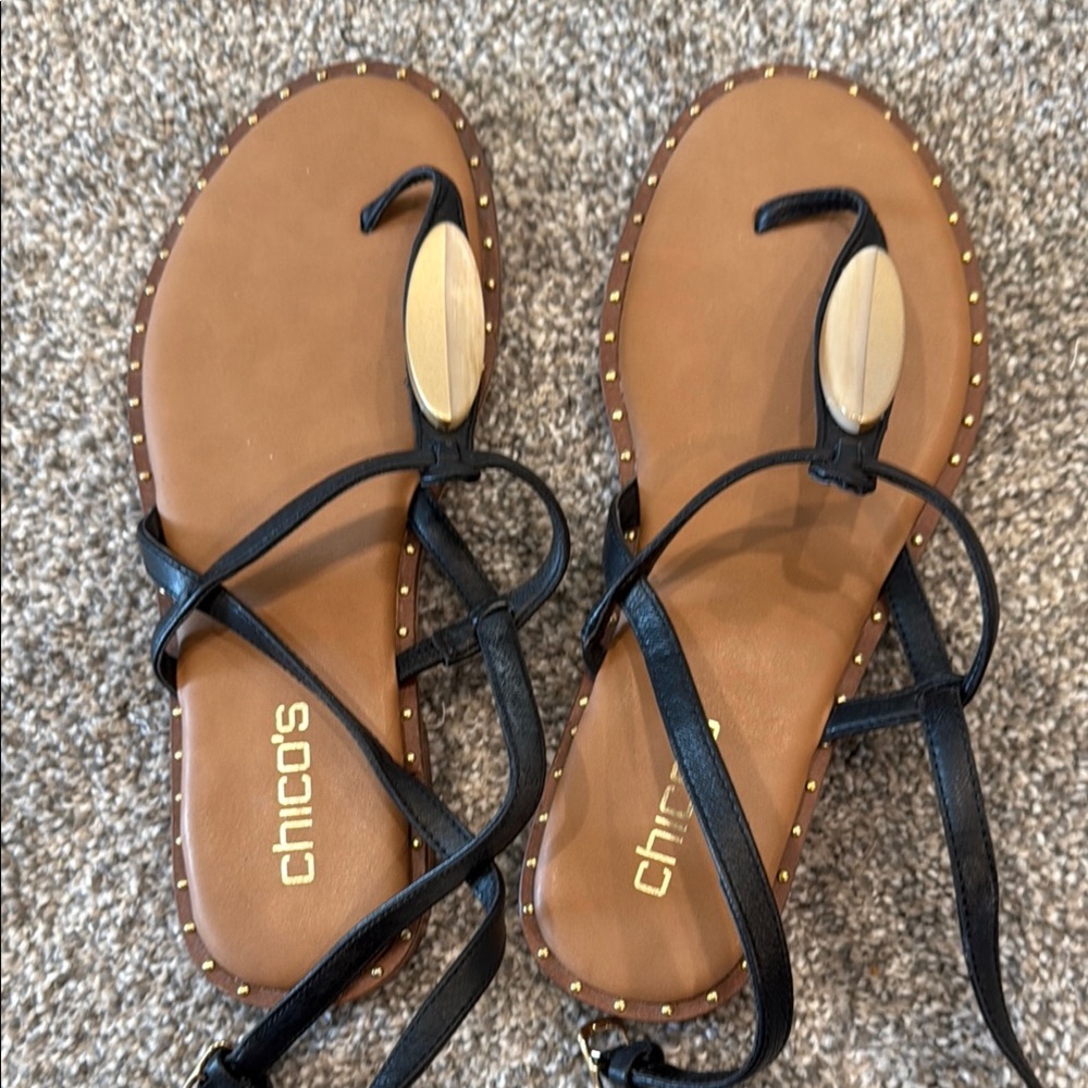 Chico's Black and Brown Sandals with Metallic Detail